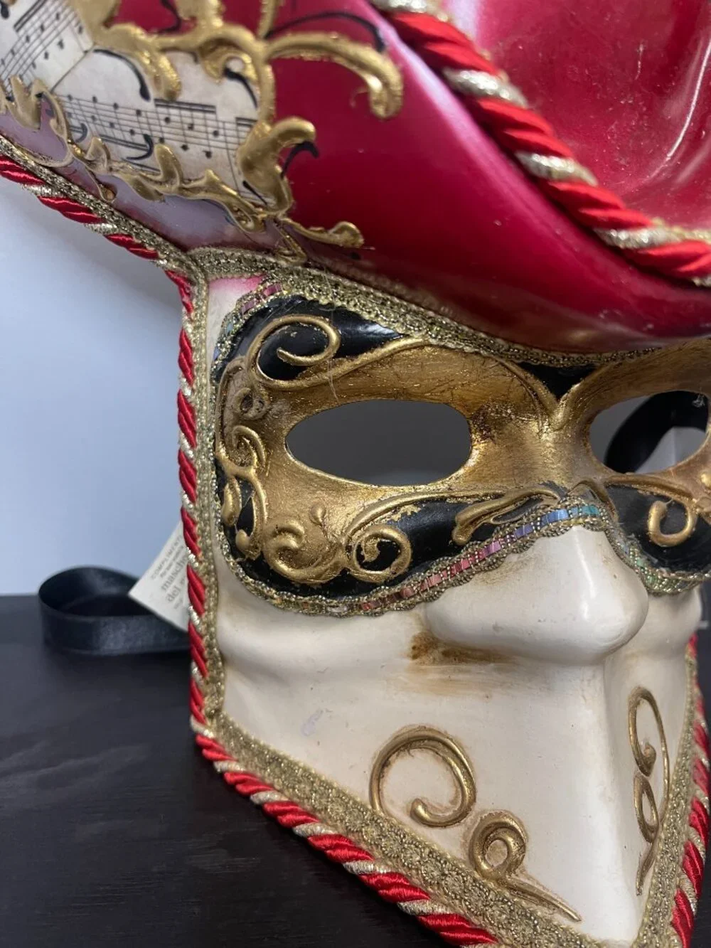 Maschera del Galeone Venetian Carnival Mask Hat Red Gold Handmade Italy Tricorn